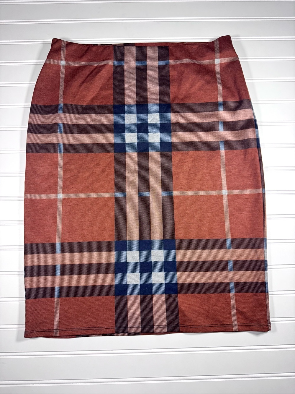 Plaid Rust Orange Pencil Skirt with Navy Accents